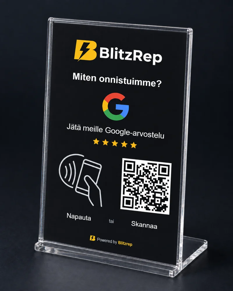 Esimerkki QR-kortista pöytätelineessä: BlitzRepin logo, Google-arvostelupyyntö ja QR-koodi.